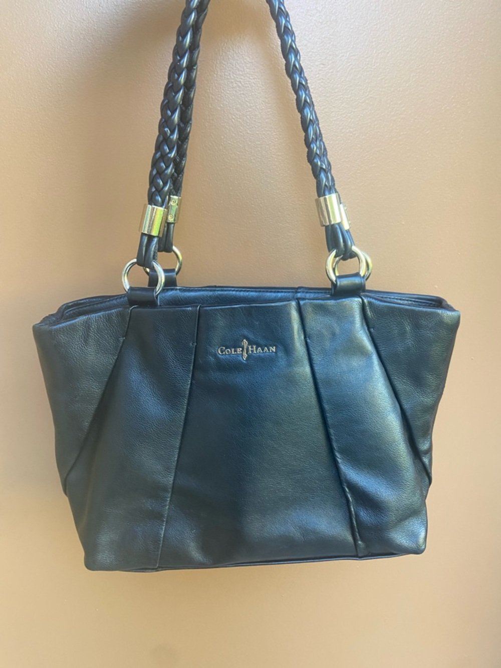 Cole Haan Black Leather Shoulder Tote with Braided Straps